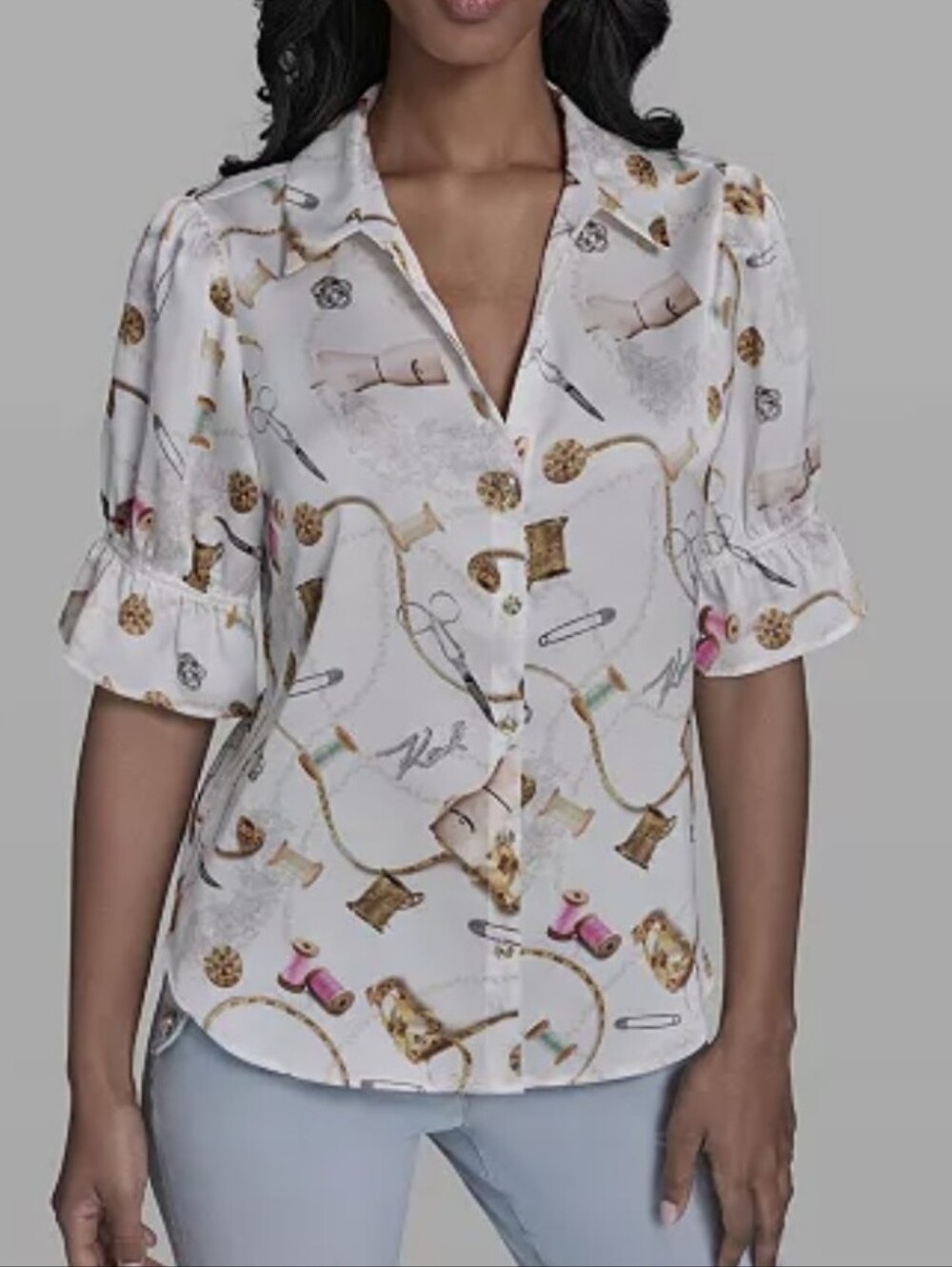 KARL LAGERFELD PARIS Women's All-Over Sewing Detail Printed Button-Front Blouse